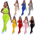 2021 Custom New Fashion Wholesale Women Sleeveless Tops And Pleated Pants 2 Piece Set Ruched Plus Size Stacked Leggings